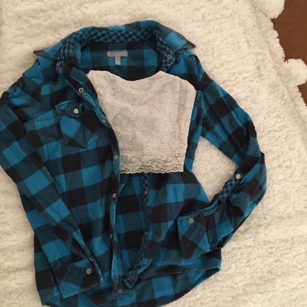 Delia’s* blue plaid snap flannel shirt
